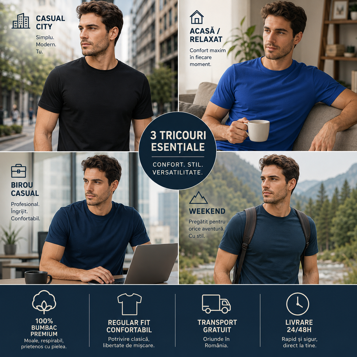 Tricouri bărbați albastru marin albastru regal și negru din bumbac 100% pentru ținute casual